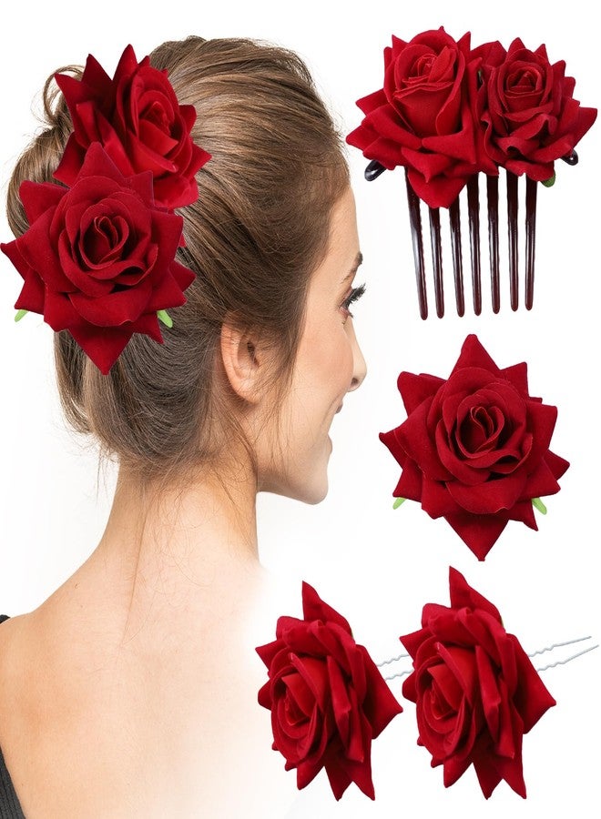ROBOHOOK 4 Pcs Rose Hair Clip Flowers for Women, Red Flower Accessories Headband Bride Clips Combs Hair Decor for Party Wedding Gift - Image 1